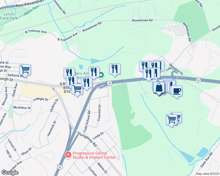 map of restaurants, bars, coffee shops, grocery stores, and more near 103 Monica Drive in Greensburg