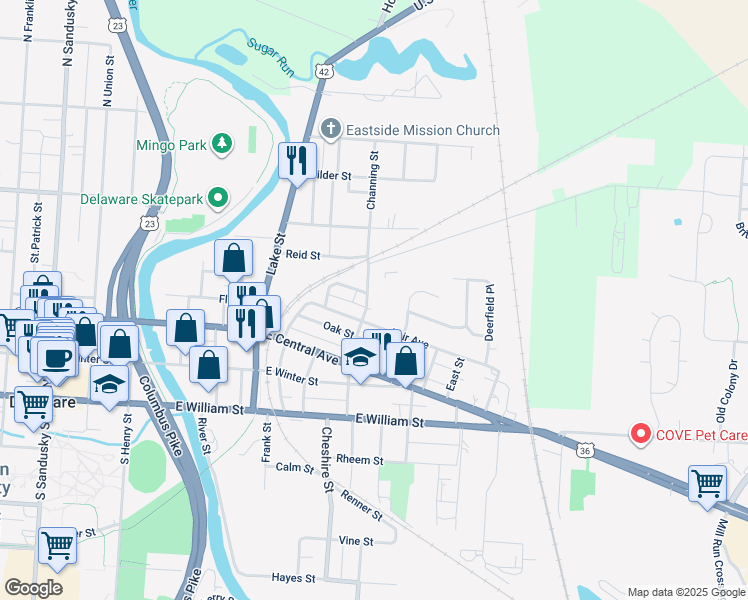 map of restaurants, bars, coffee shops, grocery stores, and more near 36 Channing Street in Delaware