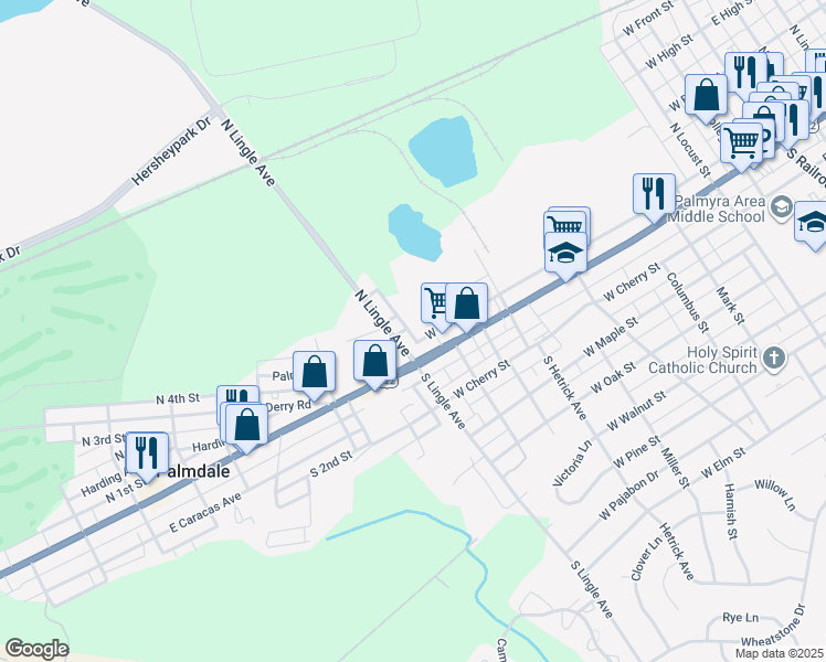 map of restaurants, bars, coffee shops, grocery stores, and more near 1 Palm Street in Palmyra