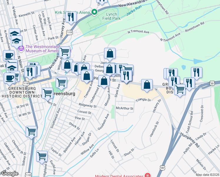 map of restaurants, bars, coffee shops, grocery stores, and more near 622 State Street in Greensburg