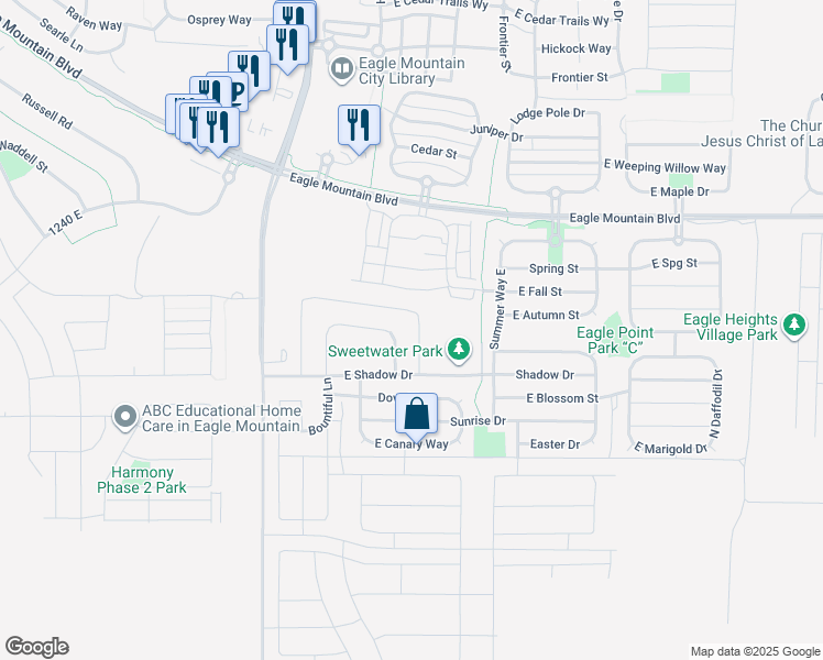 map of restaurants, bars, coffee shops, grocery stores, and more near 3771 Tumwater East Lane in Eagle Mountain