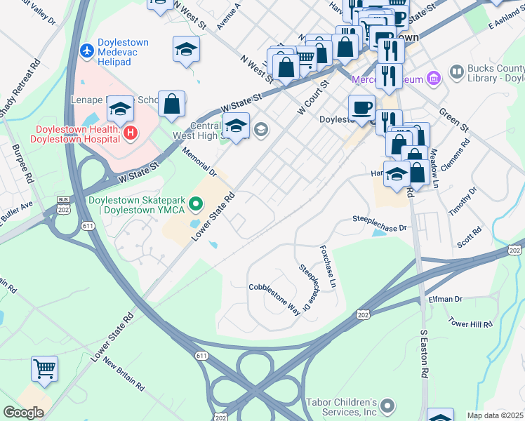 map of restaurants, bars, coffee shops, grocery stores, and more near 4 Aspen Way in Doylestown