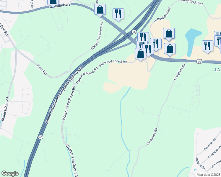 map of restaurants, bars, coffee shops, grocery stores, and more near 5000 Walkers Trail in Greensburg