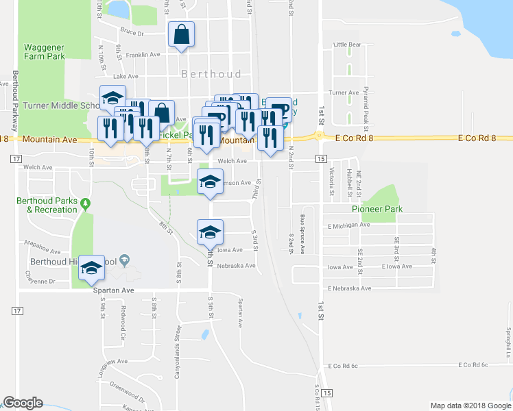 map of restaurants, bars, coffee shops, grocery stores, and more near 152 Third Street in Berthoud