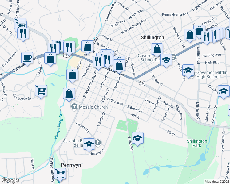 map of restaurants, bars, coffee shops, grocery stores, and more near 107 South Miller Street in Shillington