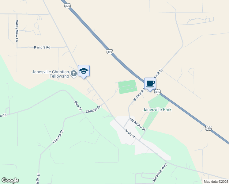 map of restaurants, bars, coffee shops, grocery stores, and more near Cemetery Ln in Janesville