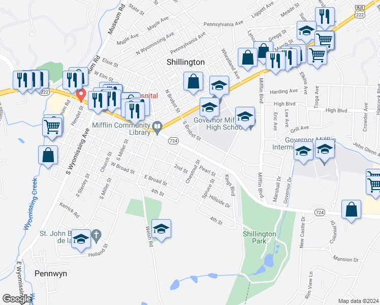 map of restaurants, bars, coffee shops, grocery stores, and more near 116 Philadelphia Avenue in Shillington