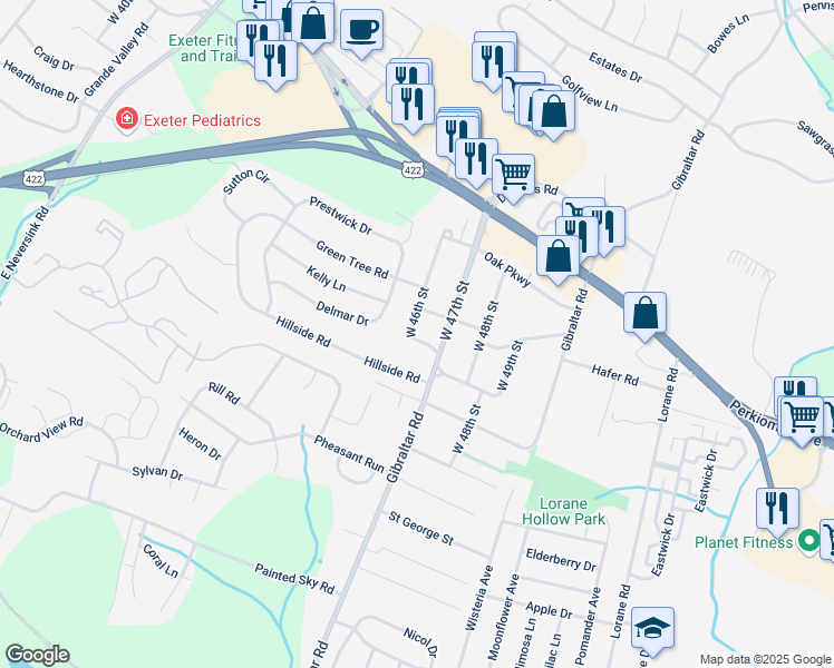 map of restaurants, bars, coffee shops, grocery stores, and more near 207 West 46th Street in Reading
