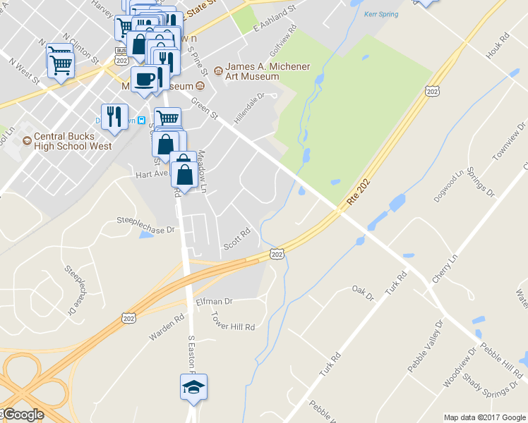 map of restaurants, bars, coffee shops, grocery stores, and more near 127 Homestead Drive in Doylestown