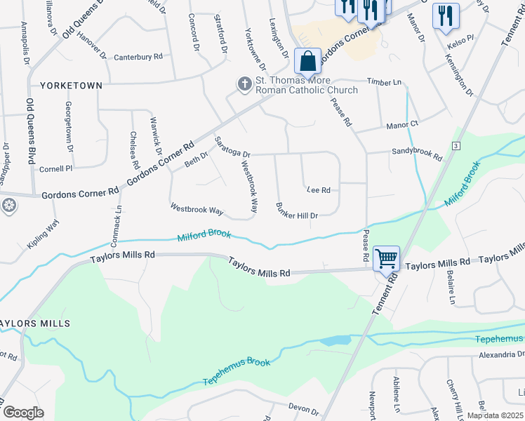 map of restaurants, bars, coffee shops, grocery stores, and more near 23 Westbrook Way in Manalapan Township
