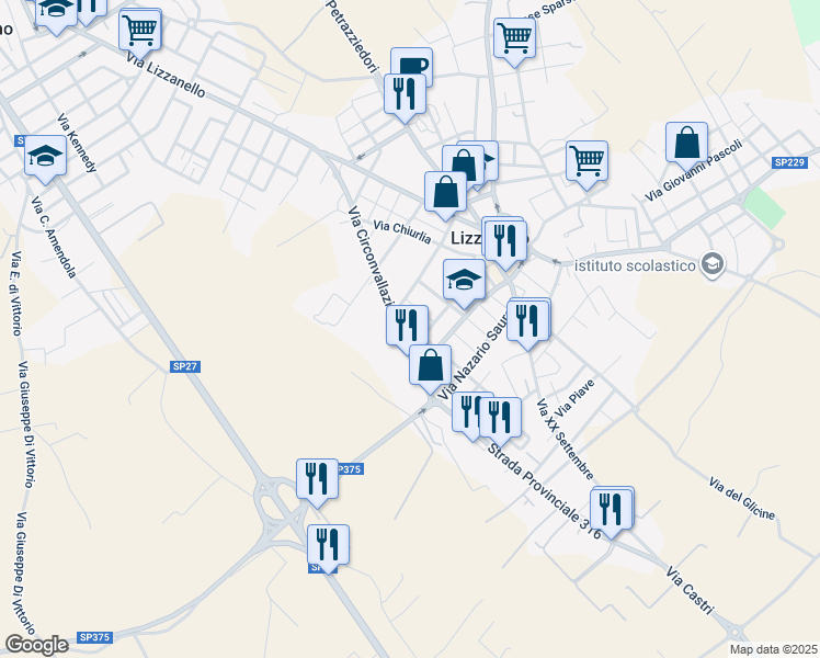 map of restaurants, bars, coffee shops, grocery stores, and more near 14 Via Kennedy in Lizzanello