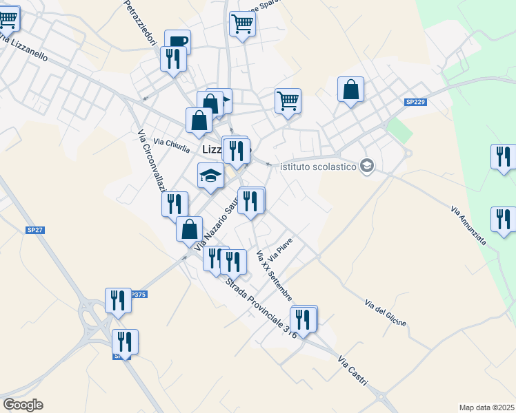 map of restaurants, bars, coffee shops, grocery stores, and more near 4 Via N. Marangi in Lizzanello