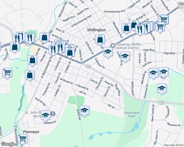 map of restaurants, bars, coffee shops, grocery stores, and more near 26 Franklin Street in Shillington