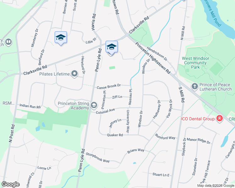 map of restaurants, bars, coffee shops, grocery stores, and more near 8 Ziff Lane in West Windsor Township