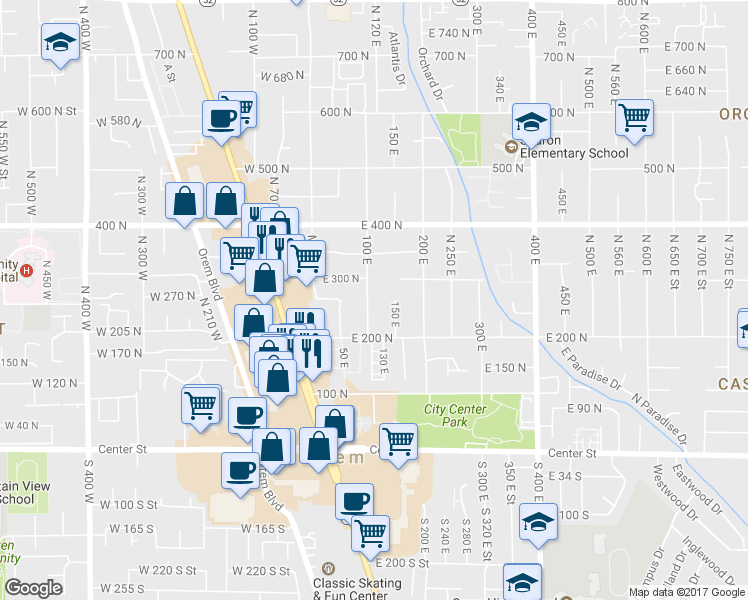 map of restaurants, bars, coffee shops, grocery stores, and more near 266 100 East in Orem