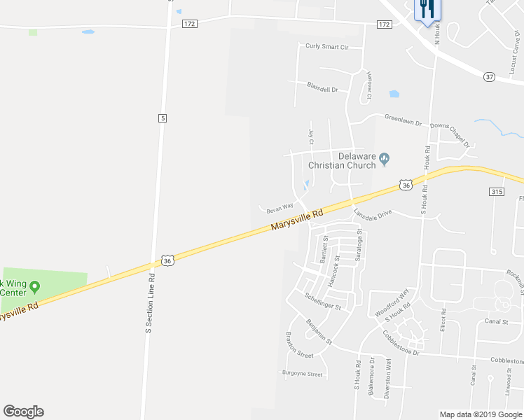 map of restaurants, bars, coffee shops, grocery stores, and more near 173 Bevan Way in Delaware