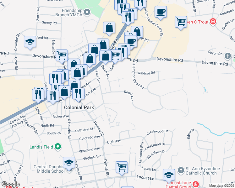 map of restaurants, bars, coffee shops, grocery stores, and more near 5007 Royal Avenue in Harrisburg