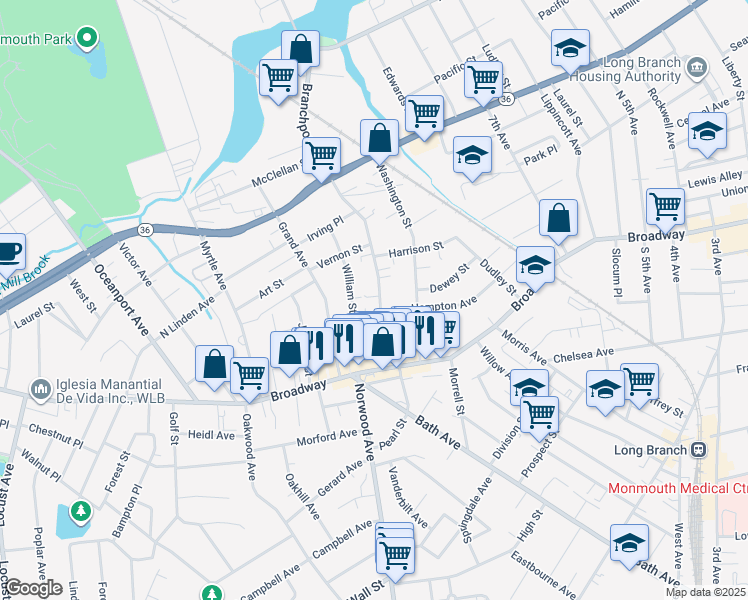 map of restaurants, bars, coffee shops, grocery stores, and more near 62 Branchport Avenue in Long Branch
