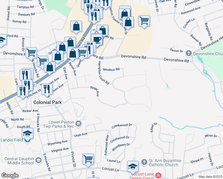 map of restaurants, bars, coffee shops, grocery stores, and more near 5352 Wilshire Road in Harrisburg