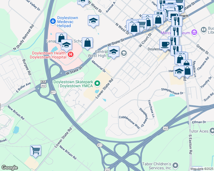 map of restaurants, bars, coffee shops, grocery stores, and more near 1 Aspen Way in Doylestown