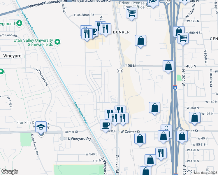 map of restaurants, bars, coffee shops, grocery stores, and more near 274 North 750 East Street in Vineyard