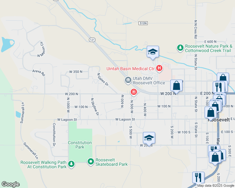 map of restaurants, bars, coffee shops, grocery stores, and more near 601 West 200 North in Roosevelt