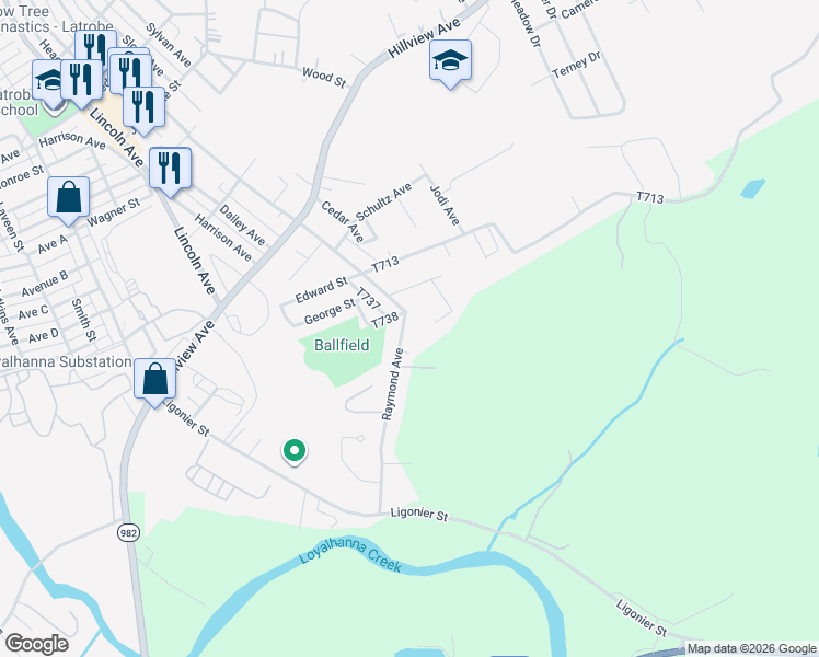 map of restaurants, bars, coffee shops, grocery stores, and more near 2552 Raymond Avenue in Latrobe