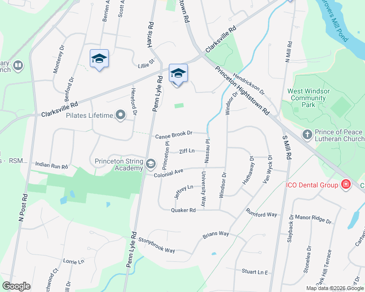 map of restaurants, bars, coffee shops, grocery stores, and more near 8 Ziff Lane in West Windsor Township