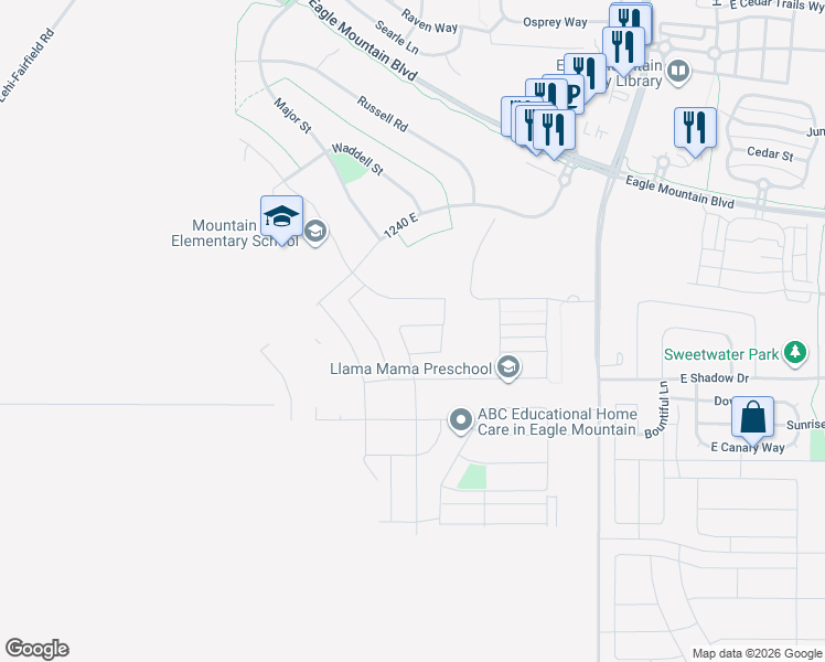 map of restaurants, bars, coffee shops, grocery stores, and more near 1112 East Deborah Street in Eagle Mountain