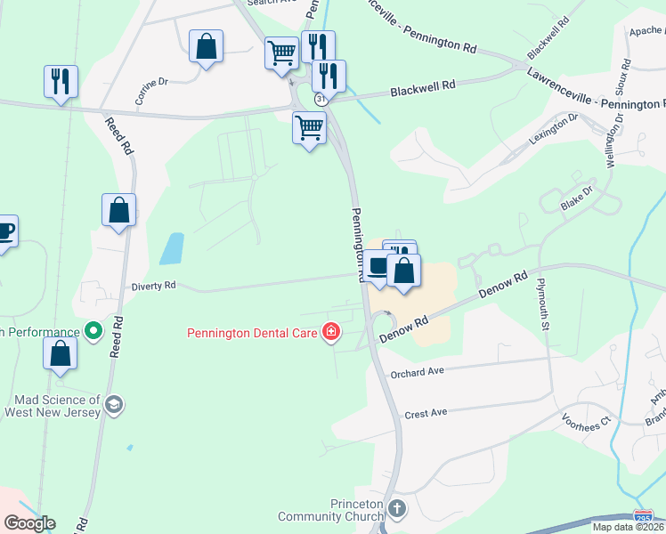 map of restaurants, bars, coffee shops, grocery stores, and more near 8 Diverty Road in Pennington