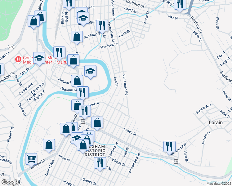 map of restaurants, bars, coffee shops, grocery stores, and more near 222 Grove Avenue in Johnstown