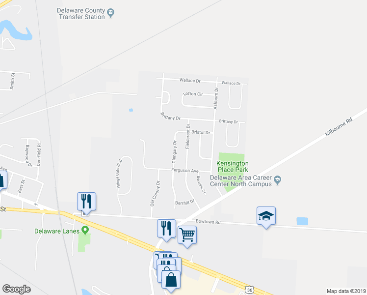 map of restaurants, bars, coffee shops, grocery stores, and more near 135 Fieldcrest Drive in Delaware