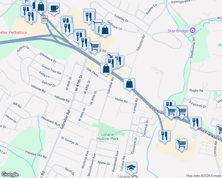 map of restaurants, bars, coffee shops, grocery stores, and more near 109 Gibraltar Road in Reading