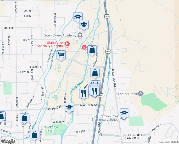 map of restaurants, bars, coffee shops, grocery stores, and more near 155 North River Park Way in Provo