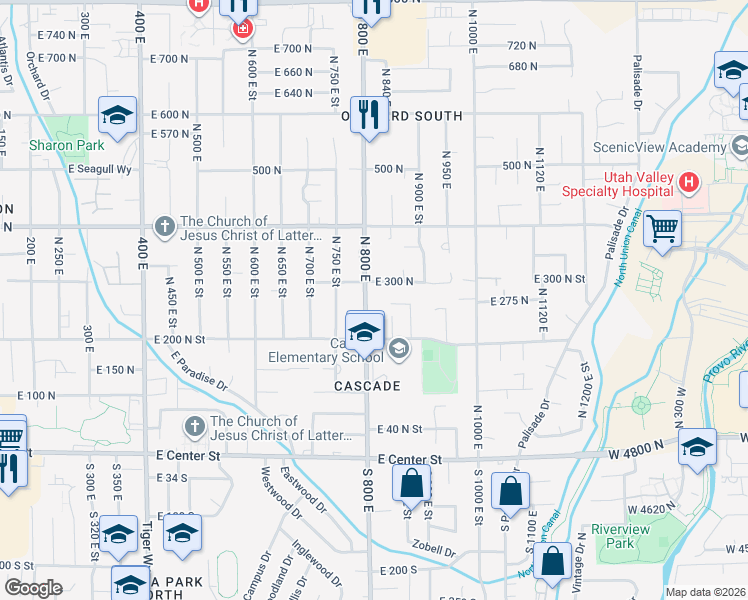 map of restaurants, bars, coffee shops, grocery stores, and more near 258 North 800 East in Orem