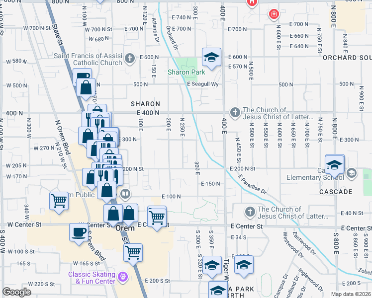 map of restaurants, bars, coffee shops, grocery stores, and more near 269 North 250 East in Orem