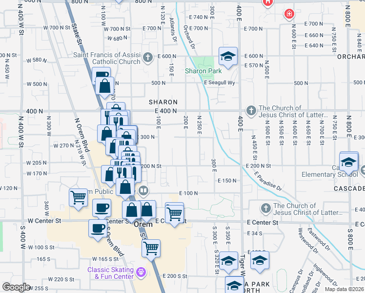map of restaurants, bars, coffee shops, grocery stores, and more near 264 150 East in Orem