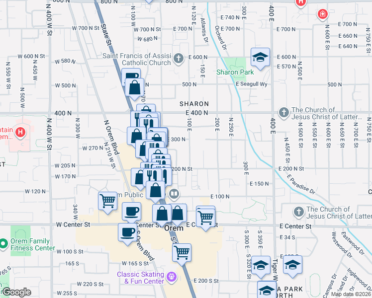 map of restaurants, bars, coffee shops, grocery stores, and more near 266 100 East in Orem