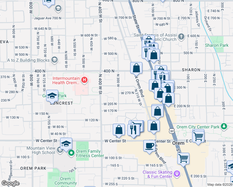 map of restaurants, bars, coffee shops, grocery stores, and more near 326 West 240 North Street in Orem