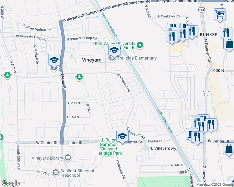 map of restaurants, bars, coffee shops, grocery stores, and more near 345 East 250 North in Vineyard