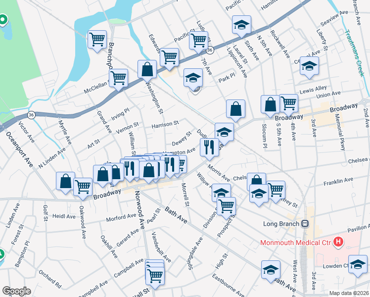 map of restaurants, bars, coffee shops, grocery stores, and more near 469 Hampton Avenue in Long Branch