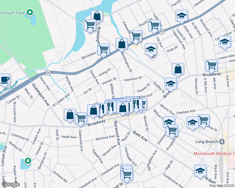 map of restaurants, bars, coffee shops, grocery stores, and more near 62 Branchport Avenue in Long Branch