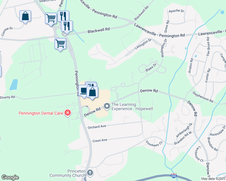 map of restaurants, bars, coffee shops, grocery stores, and more near 102 Heritage Court in Pennington