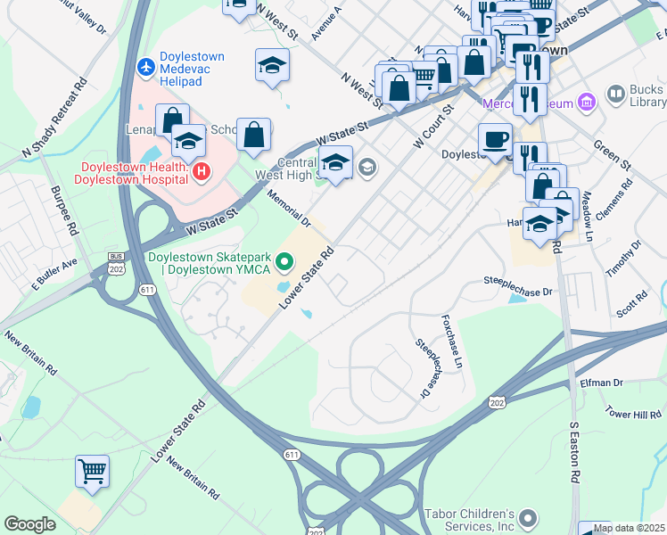 map of restaurants, bars, coffee shops, grocery stores, and more near 11-15 Aspen Way in Doylestown