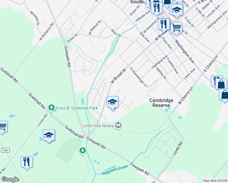 map of restaurants, bars, coffee shops, grocery stores, and more near 14 Clifton Court in Souderton