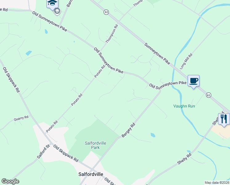 map of restaurants, bars, coffee shops, grocery stores, and more near 2600 Woodspring Lane in Harleysville