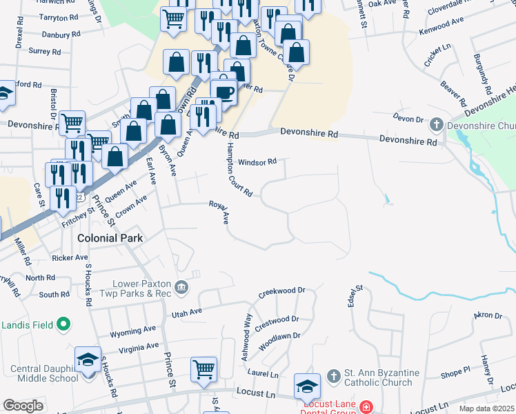 map of restaurants, bars, coffee shops, grocery stores, and more near 5352 Wilshire Road in Harrisburg