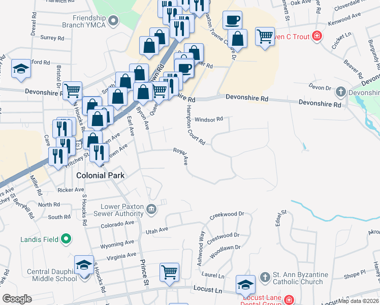 map of restaurants, bars, coffee shops, grocery stores, and more near 5018 Royal Avenue in Harrisburg