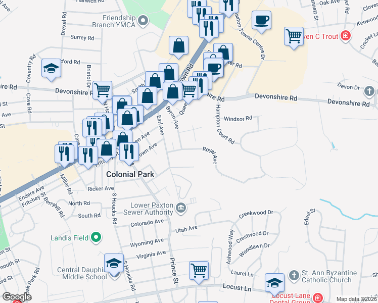 map of restaurants, bars, coffee shops, grocery stores, and more near 5007 Royal Avenue in Harrisburg