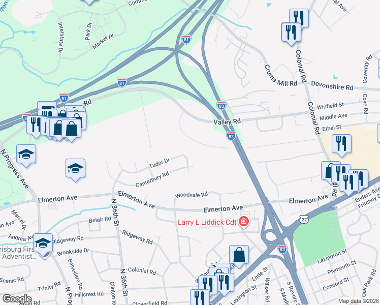 map of restaurants, bars, coffee shops, grocery stores, and more near 3748 Tudor Drive in Harrisburg